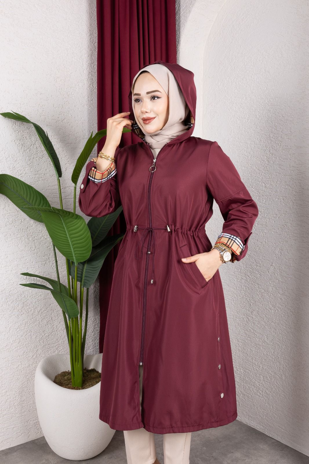 Fashion model in beige coat